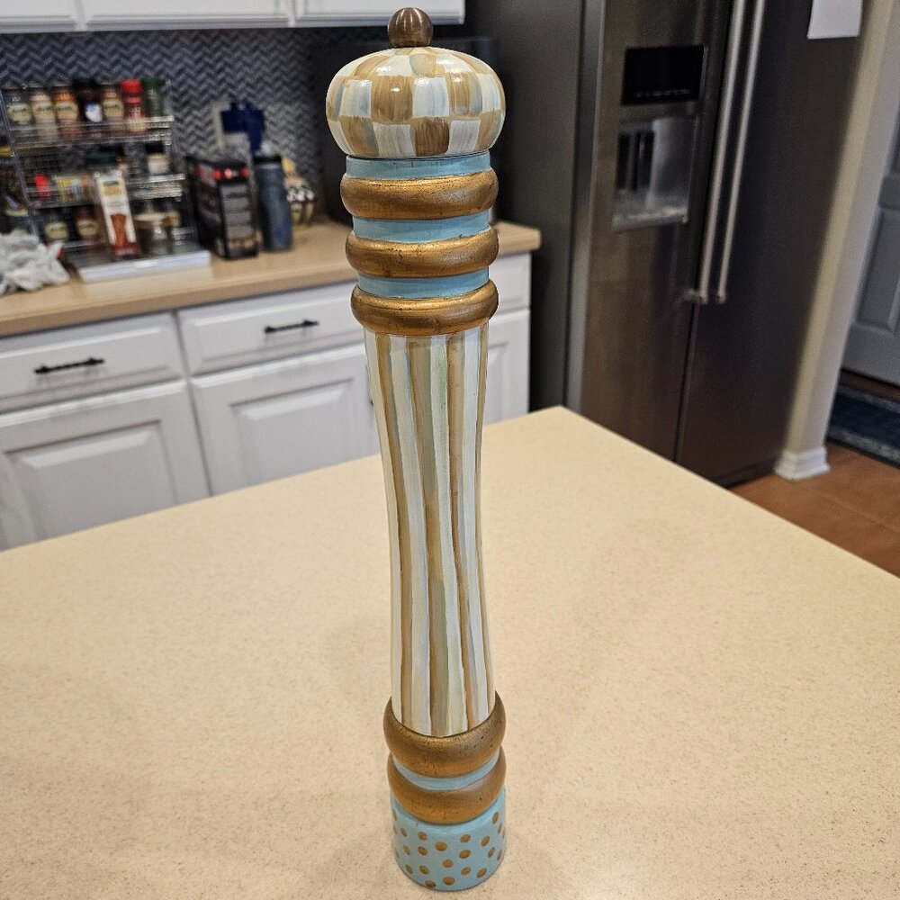 RARE RETIRED MACKENZIE CHILDS TALL PARCHMENT CHECK WOOD SALT PEPPER MILL GRINDER